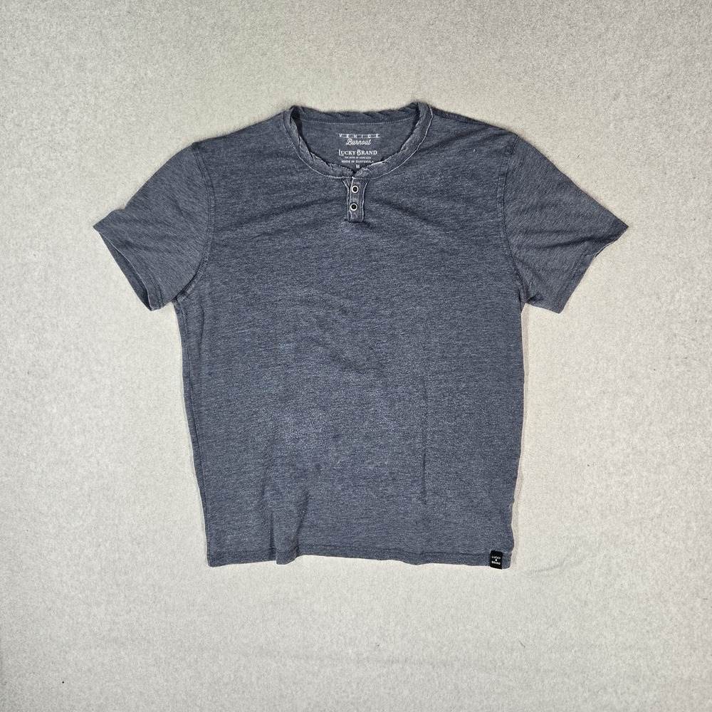 Lucky Brand Men Shirt M Blue Venice Burnout Henley Lightweight Short Sleeve READ